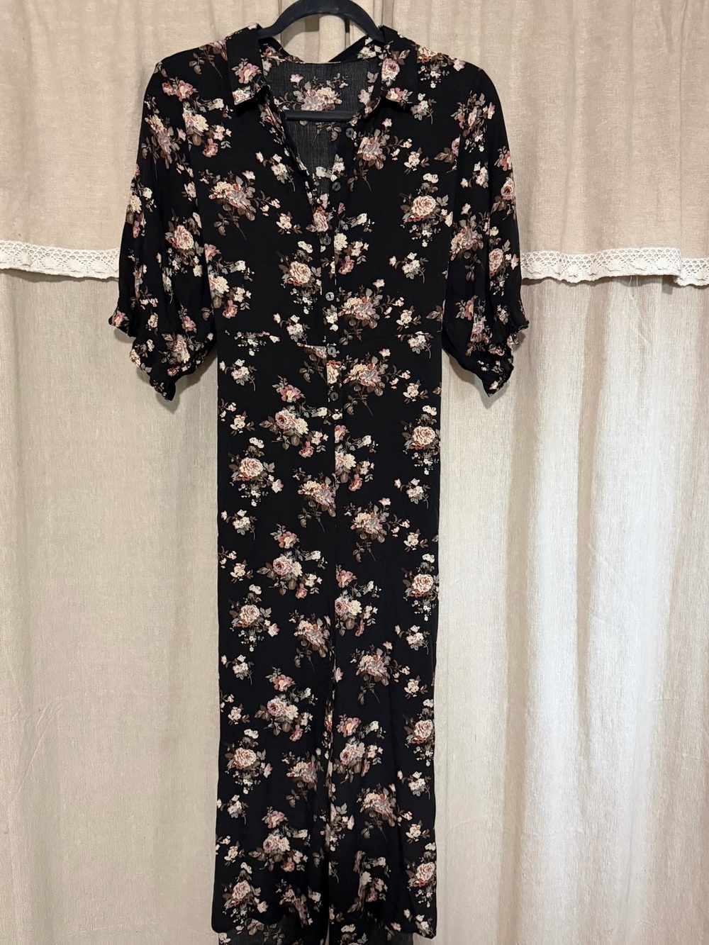 NATURAL LIFE Black Floral Button-Front Jumpsuit with Pink and Cream Accents